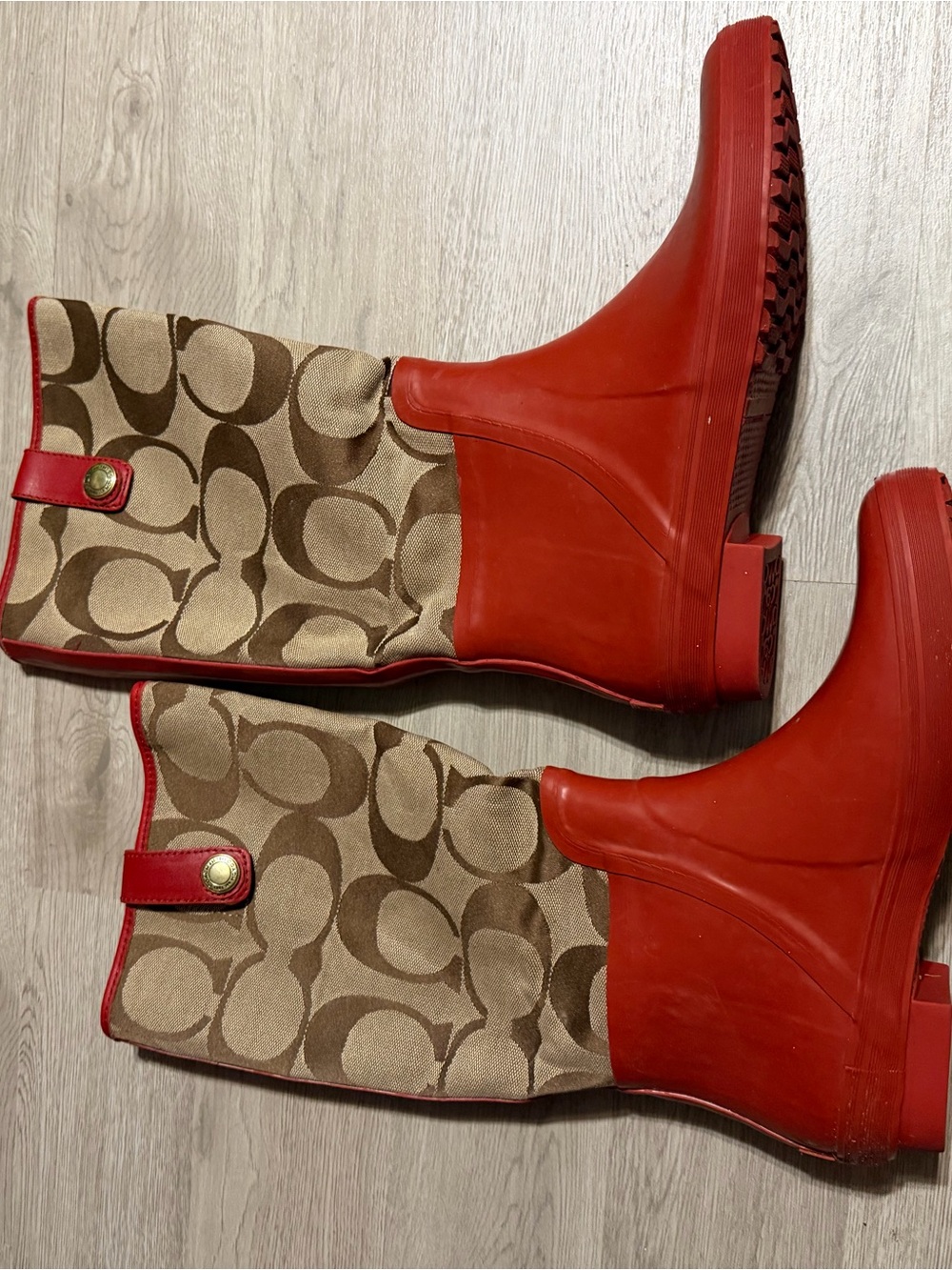 Coach Red Rubber & Beige Signature Logo Mid-Calf Rain Boots